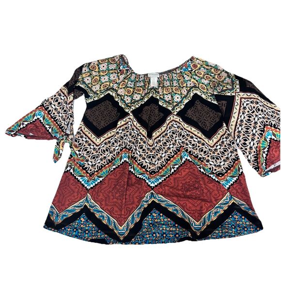 Chico’s Women’s Boho Flared Tied Sleeve Size 0 Top Can Be Worn Off Shoulder - Picture 6 of 11